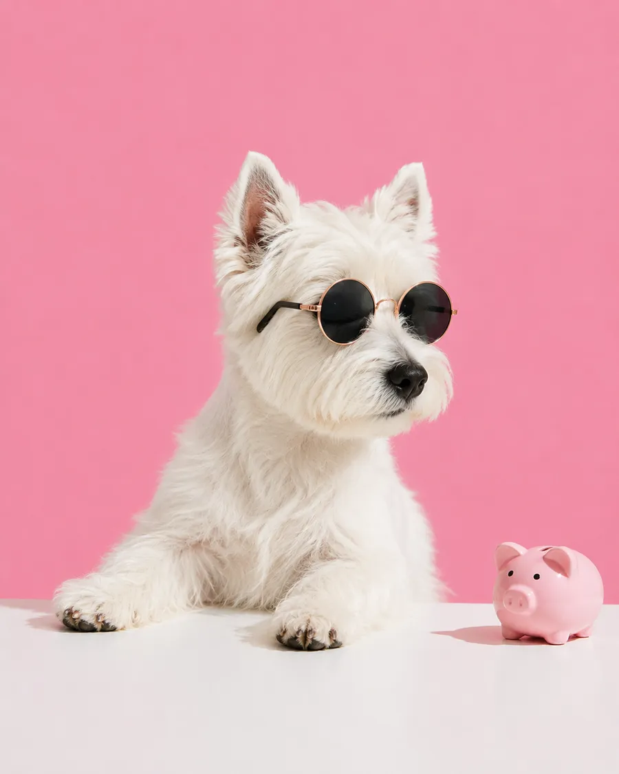 Puppy in sunglasses next to a piggy bank